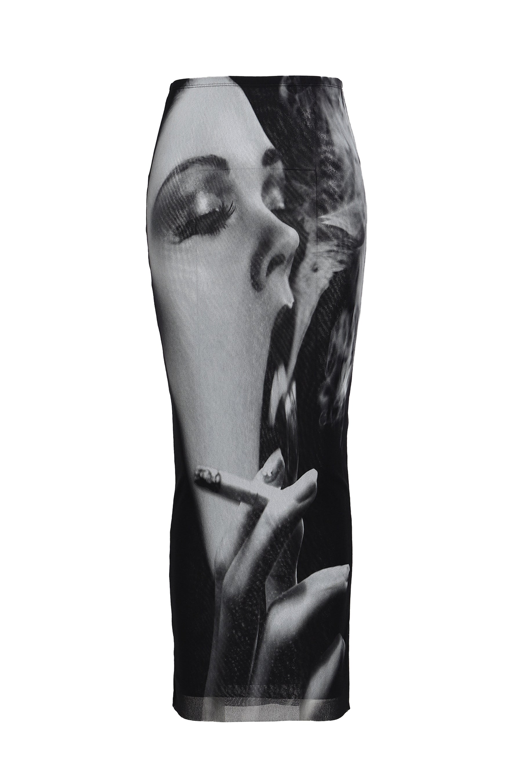 MESH LONG SKIRT PRINTED "SMOKING WOMEN" / BLK GRY WHT