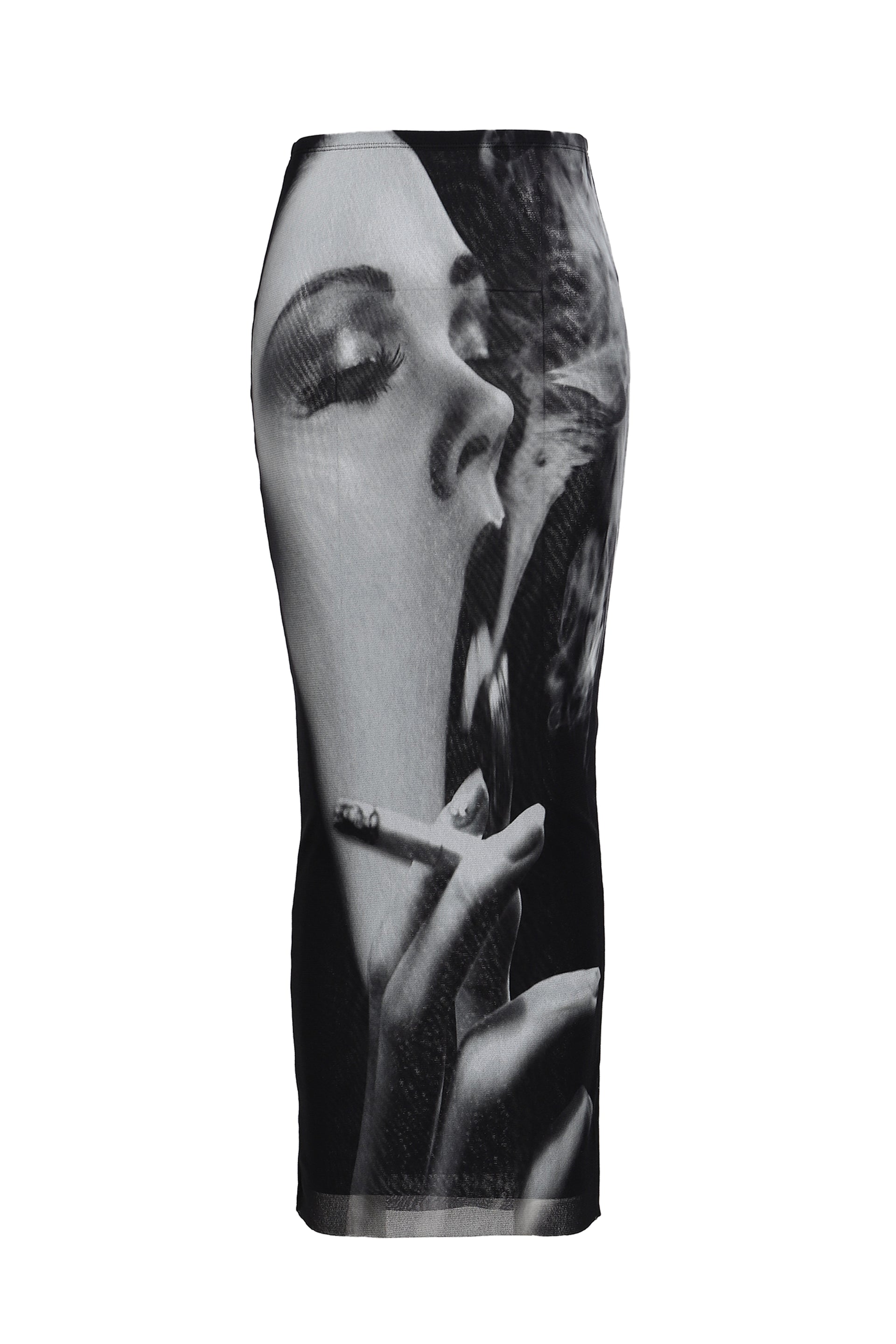MESH LONG SKIRT PRINTED "SMOKING WOMEN" / BLK GRY WHT