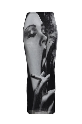 MESH LONG SKIRT PRINTED "SMOKING WOMEN" / BLK GRY WHT