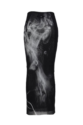 MESH LONG SKIRT PRINTED "SMOKING WOMEN" / BLK GRY WHT