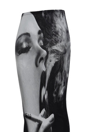 MESH LONG SKIRT PRINTED "SMOKING WOMEN" / BLK GRY WHT