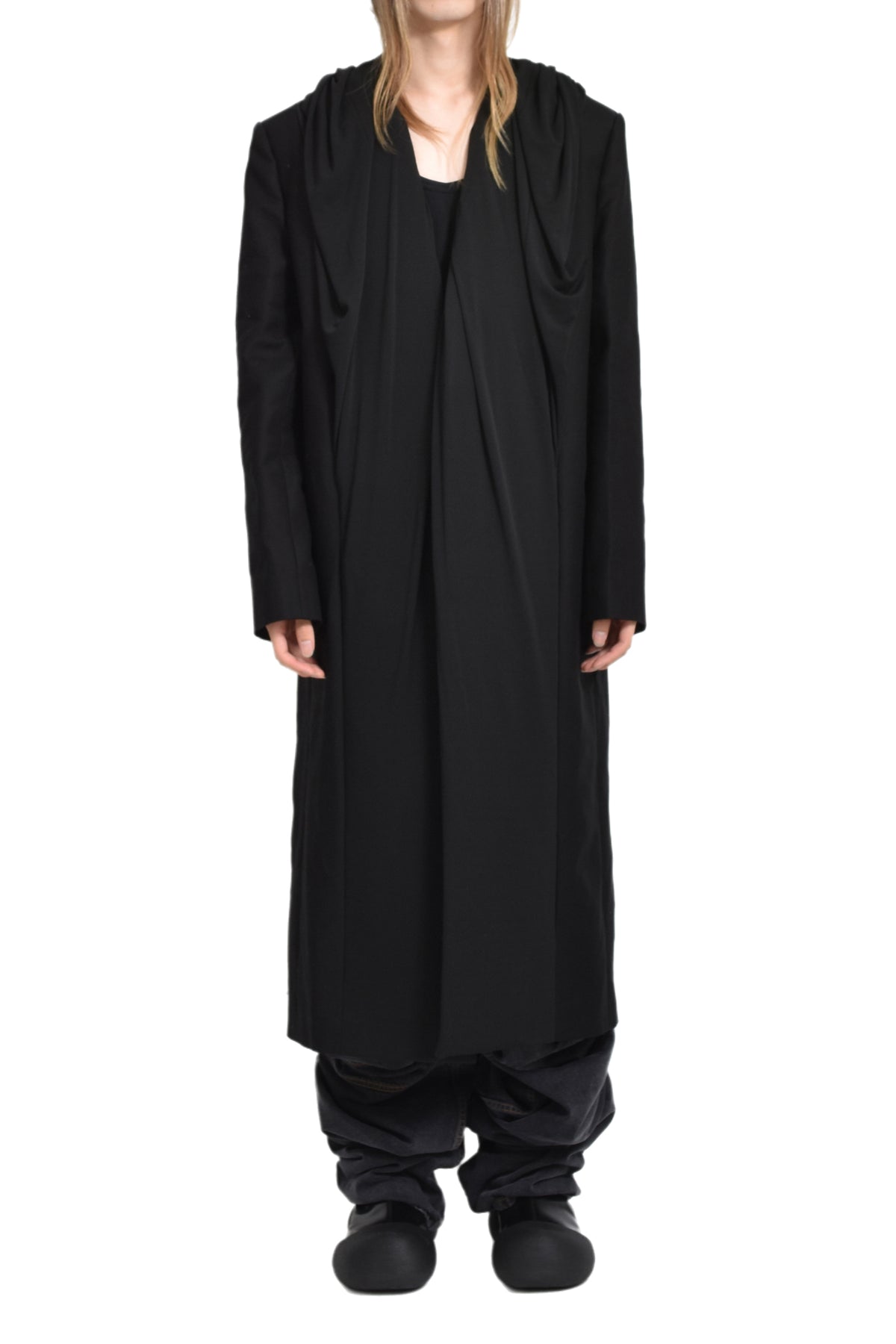 DRAPED HOOD COAT / BLK