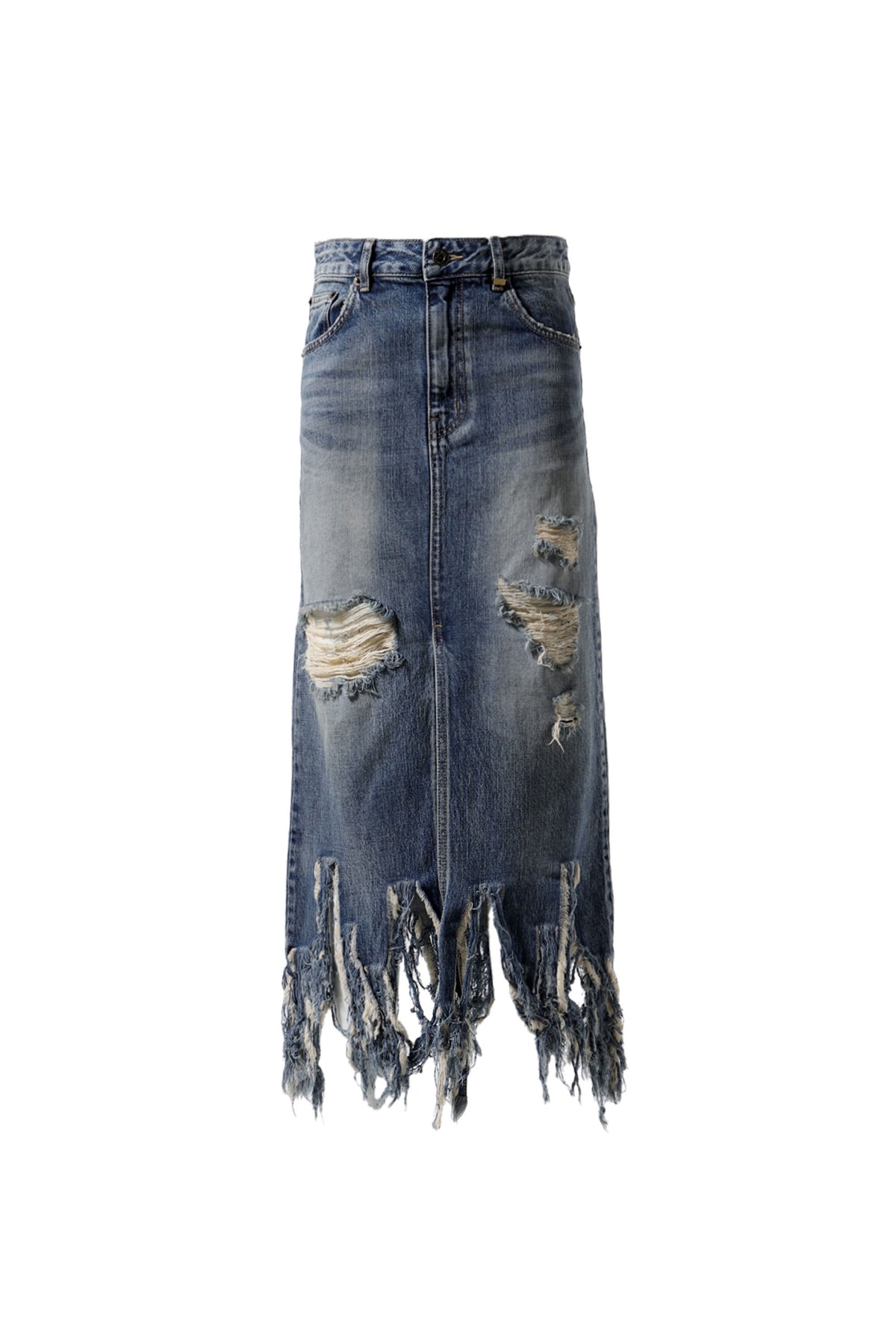 BLUE WOMENS EXTREME DESTROYED LONG DENIM SKIRT / BLU