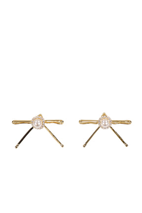 HAIR CLIP PATCHWORK BOW PEARL STUD EARRINGS / GOLD