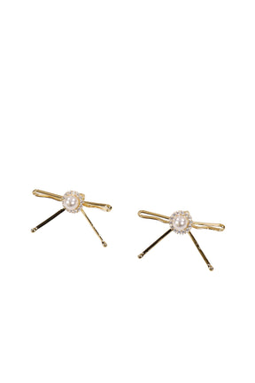 HAIR CLIP PATCHWORK BOW PEARL STUD EARRINGS / GOLD