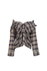CHINCHED OFF-SHOULDER SHIRT / BLUE PLAID