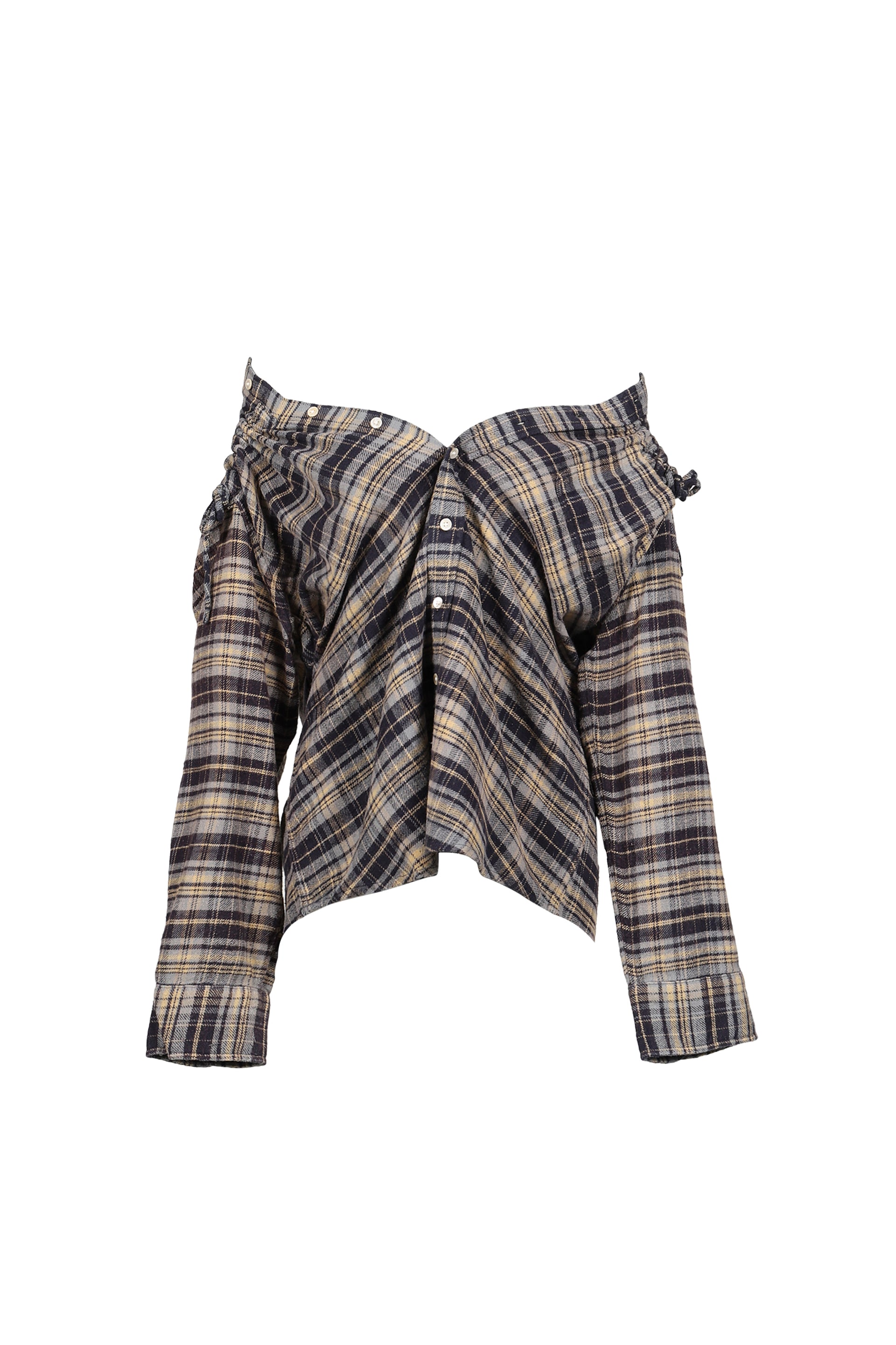 CHINCHED OFF-SHOULDER SHIRT / BLUE PLAID