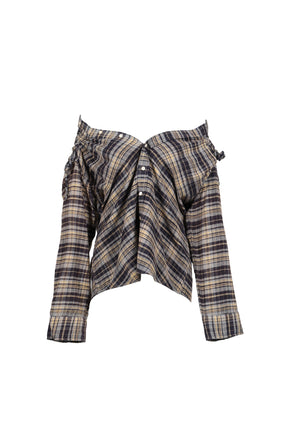 CHINCHED OFF-SHOULDER SHIRT / BLUE PLAID
