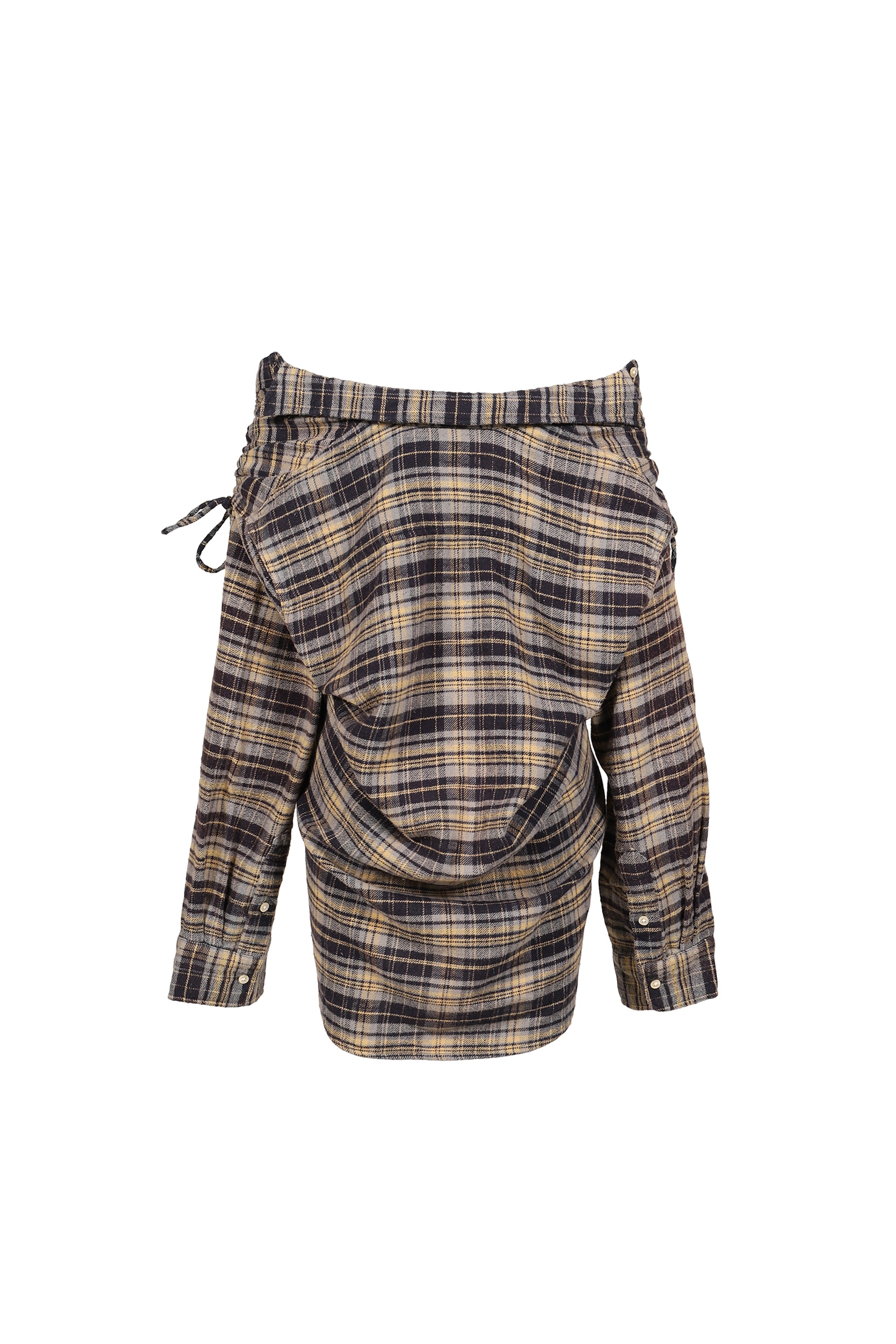 CHINCHED OFF-SHOULDER SHIRT / BLUE PLAID