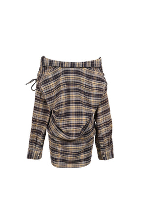 CHINCHED OFF-SHOULDER SHIRT / BLUE PLAID