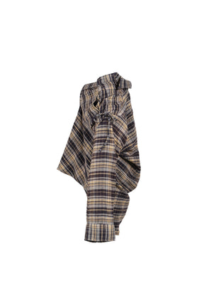 CHINCHED OFF-SHOULDER SHIRT / BLUE PLAID