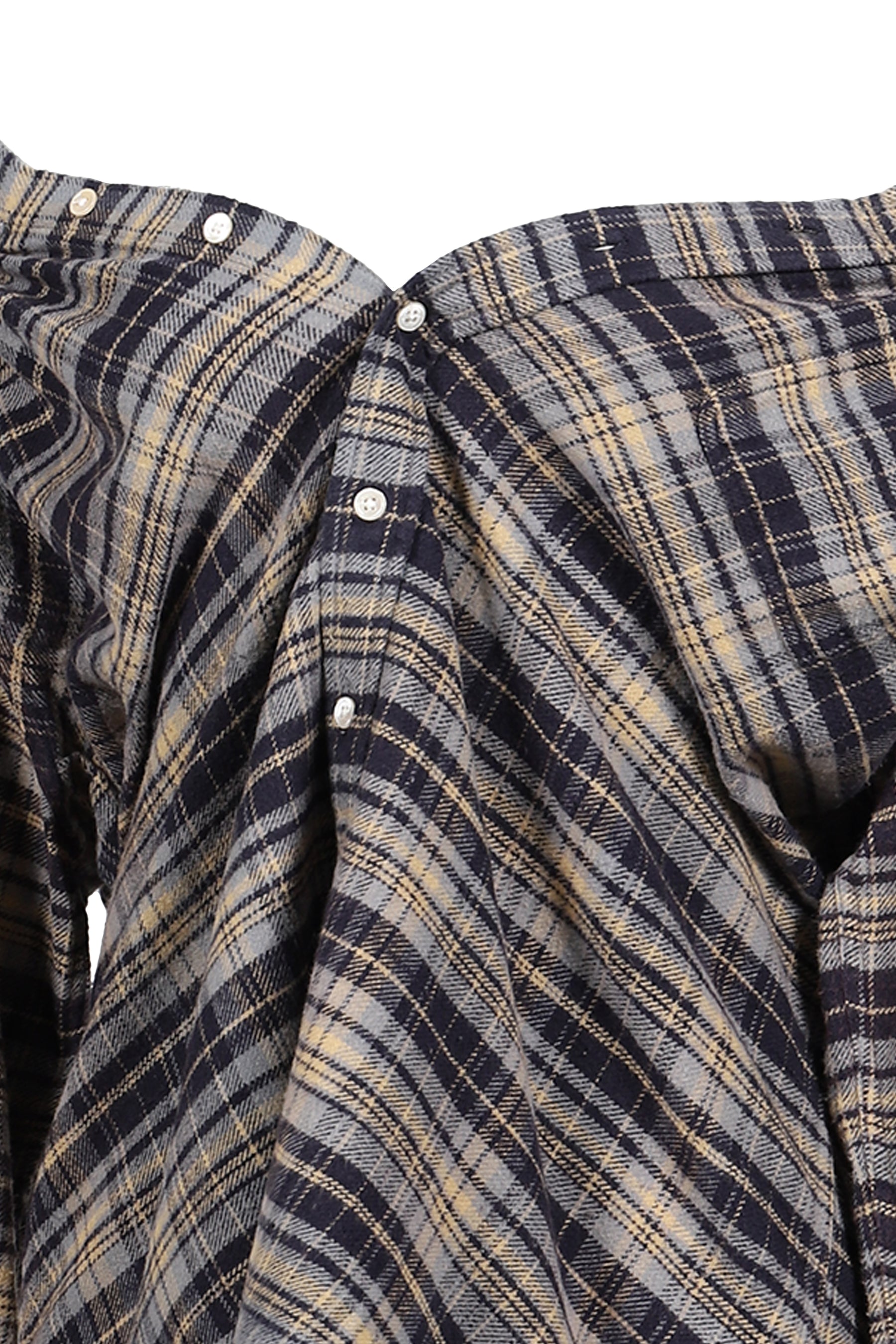 CHINCHED OFF-SHOULDER SHIRT / BLUE PLAID