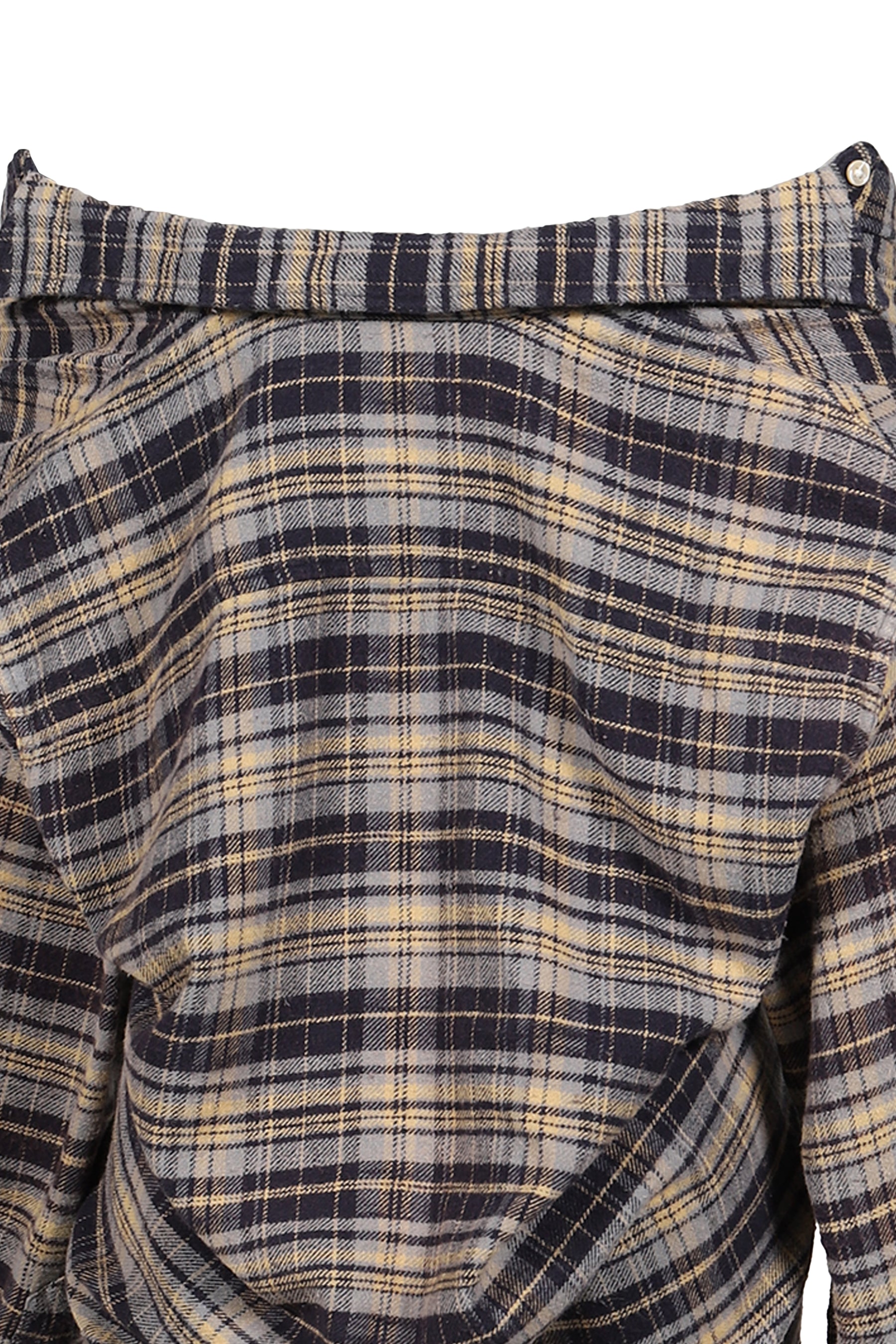 CHINCHED OFF-SHOULDER SHIRT / BLUE PLAID