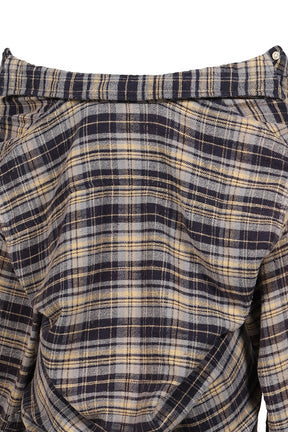CHINCHED OFF-SHOULDER SHIRT / BLUE PLAID