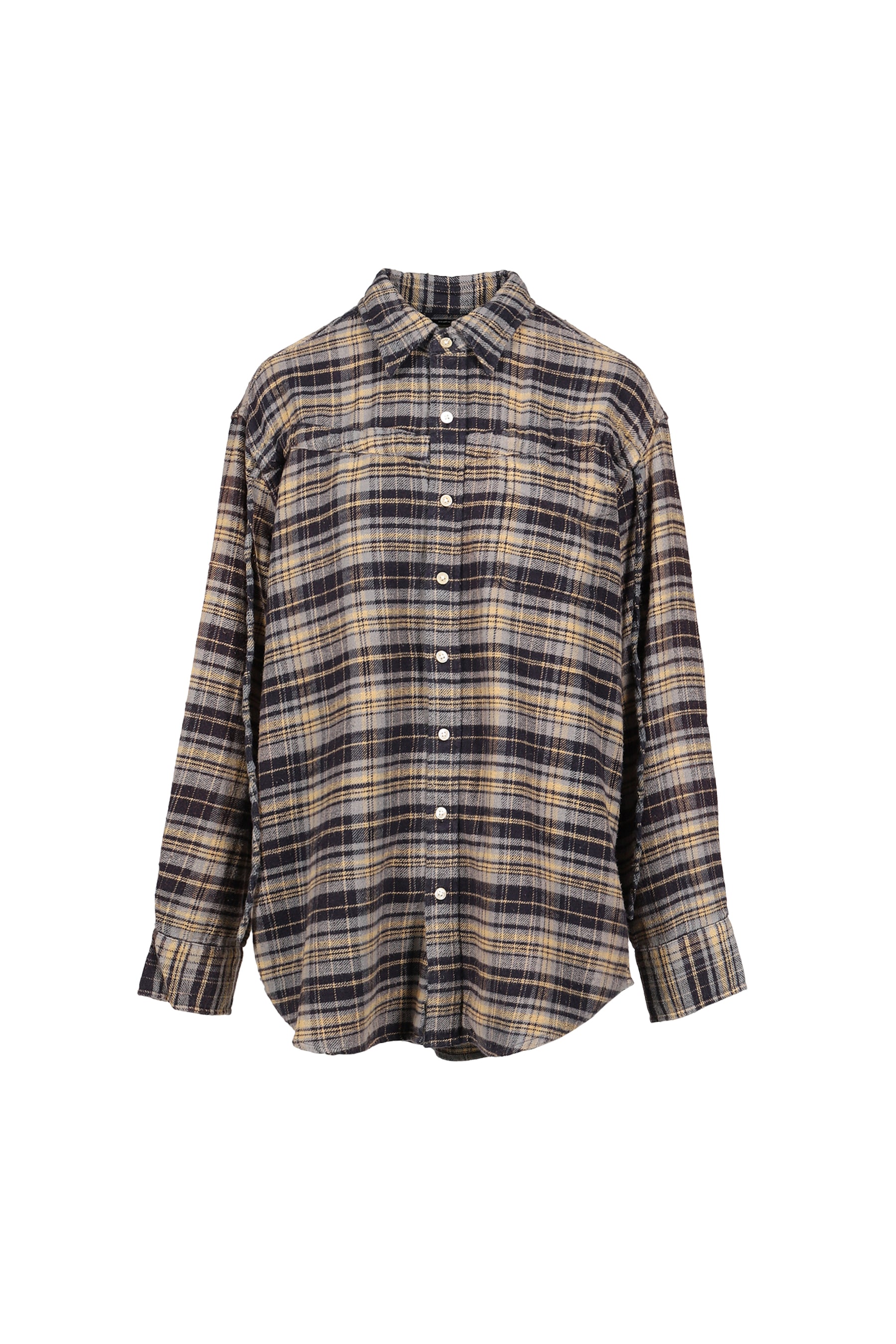 CHINCHED OFF-SHOULDER SHIRT / BLUE PLAID