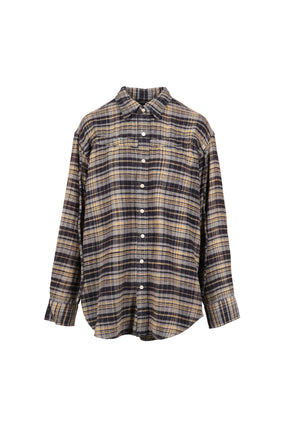 CHINCHED OFF-SHOULDER SHIRT / BLUE PLAID