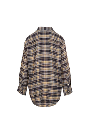 CHINCHED OFF-SHOULDER SHIRT / BLUE PLAID
