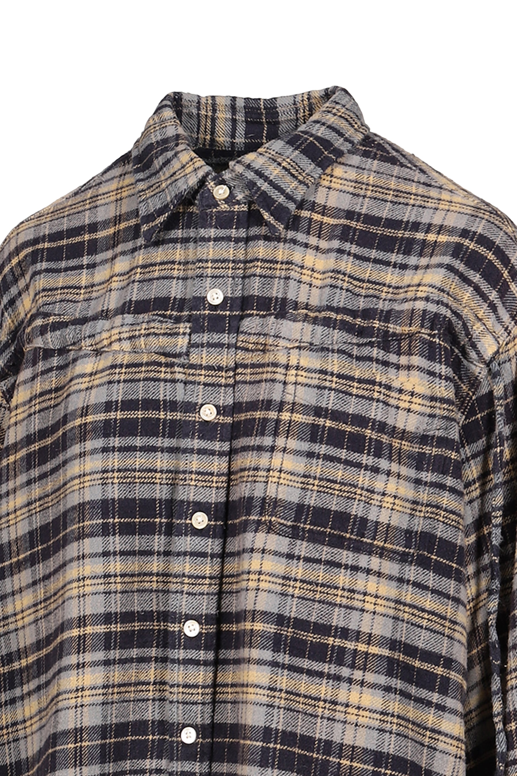 CHINCHED OFF-SHOULDER SHIRT / BLUE PLAID