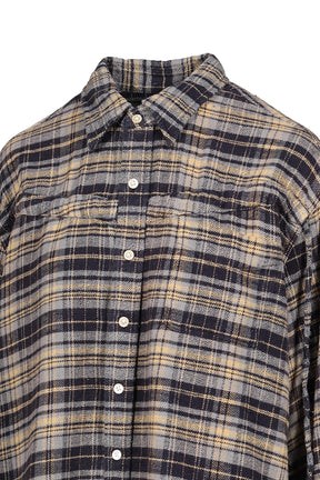 CHINCHED OFF-SHOULDER SHIRT / BLUE PLAID