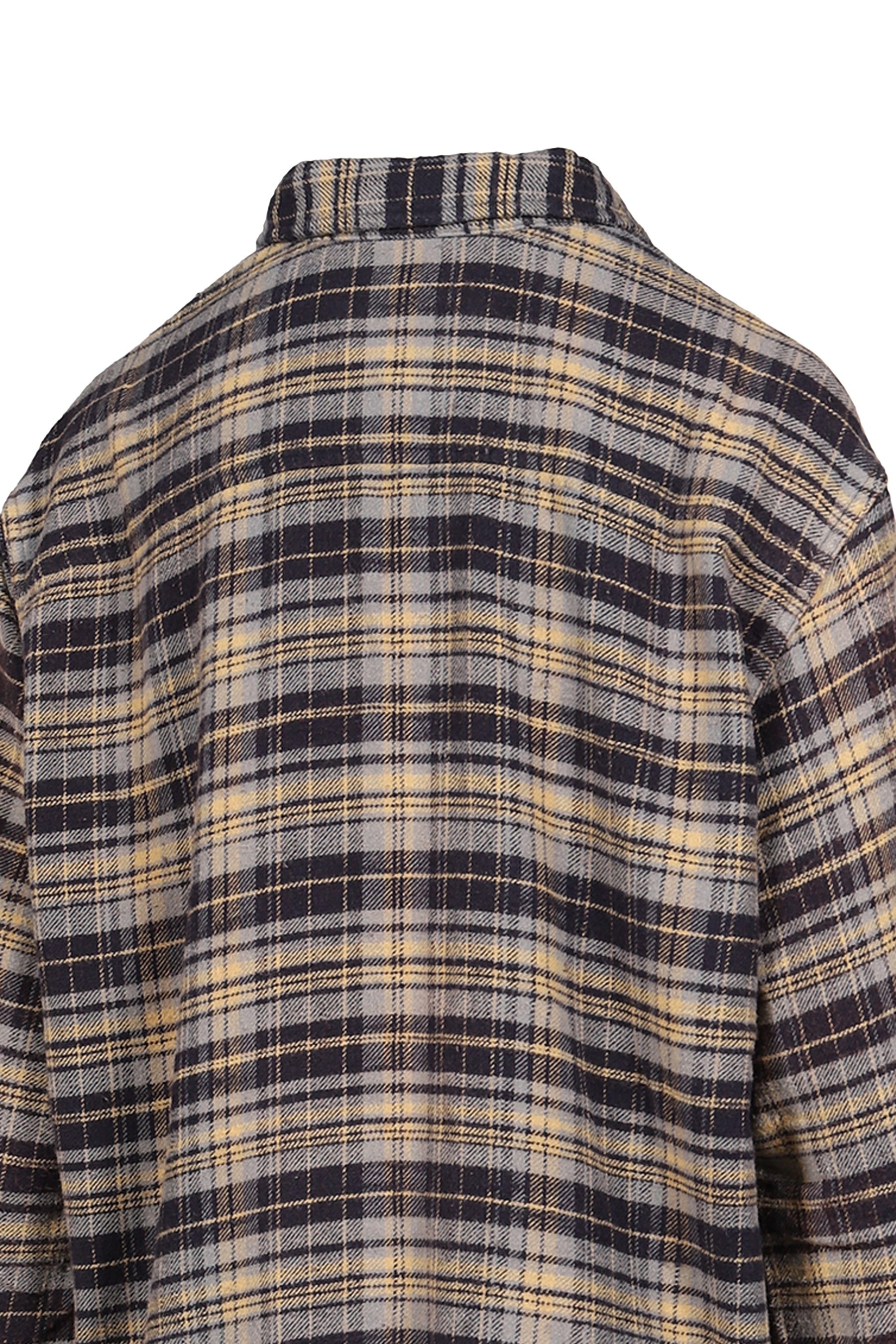 CHINCHED OFF-SHOULDER SHIRT / BLUE PLAID