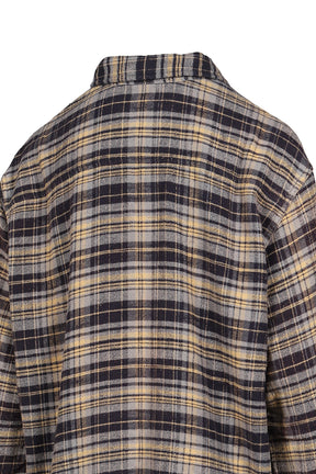 CHINCHED OFF-SHOULDER SHIRT / BLUE PLAID