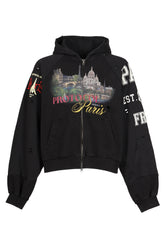 PARIS RECONSTRUCTED FOLDED ZIP HOODIE / BLK