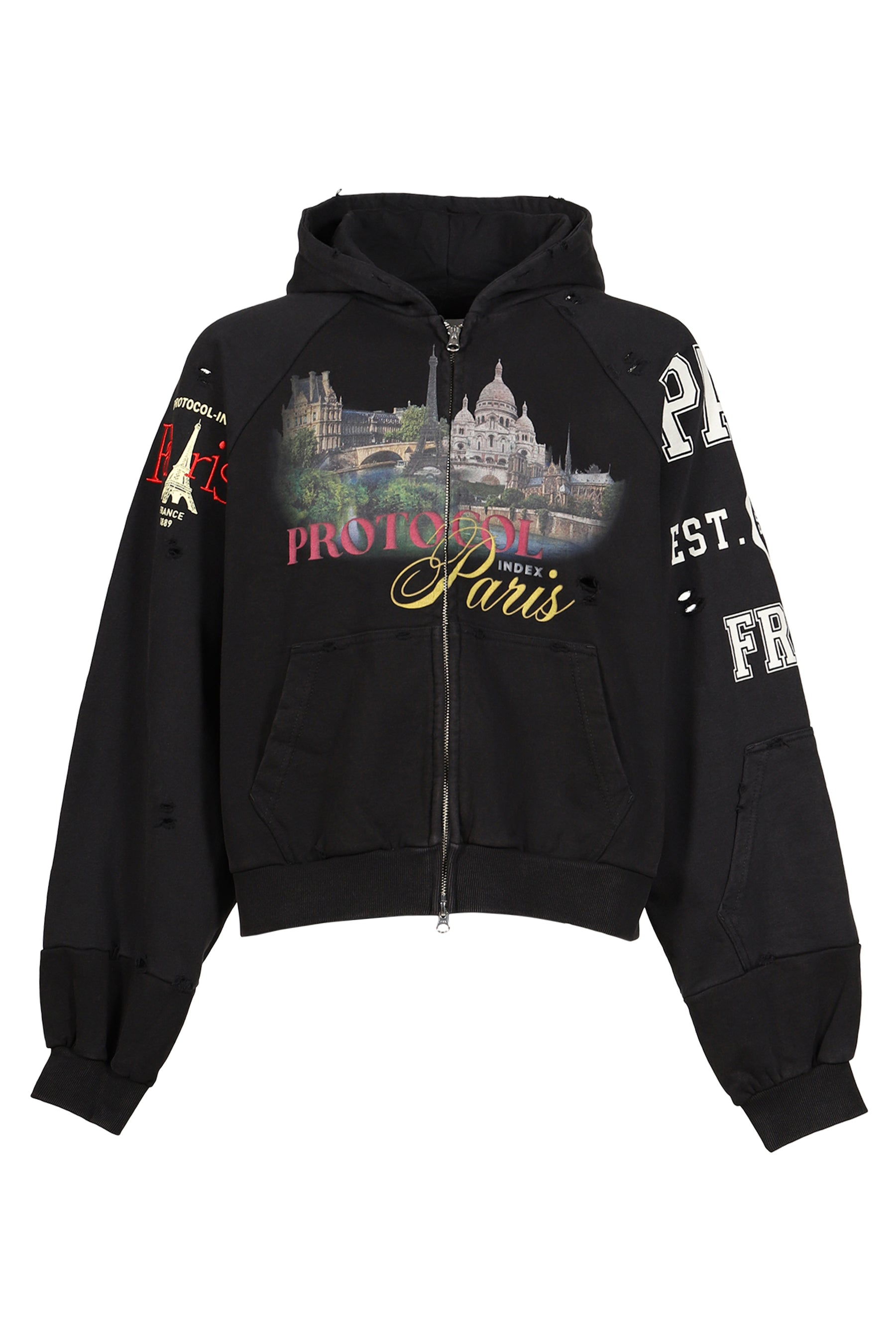 PARIS RECONSTRUCTED FOLDED ZIP HOODIE / BLK