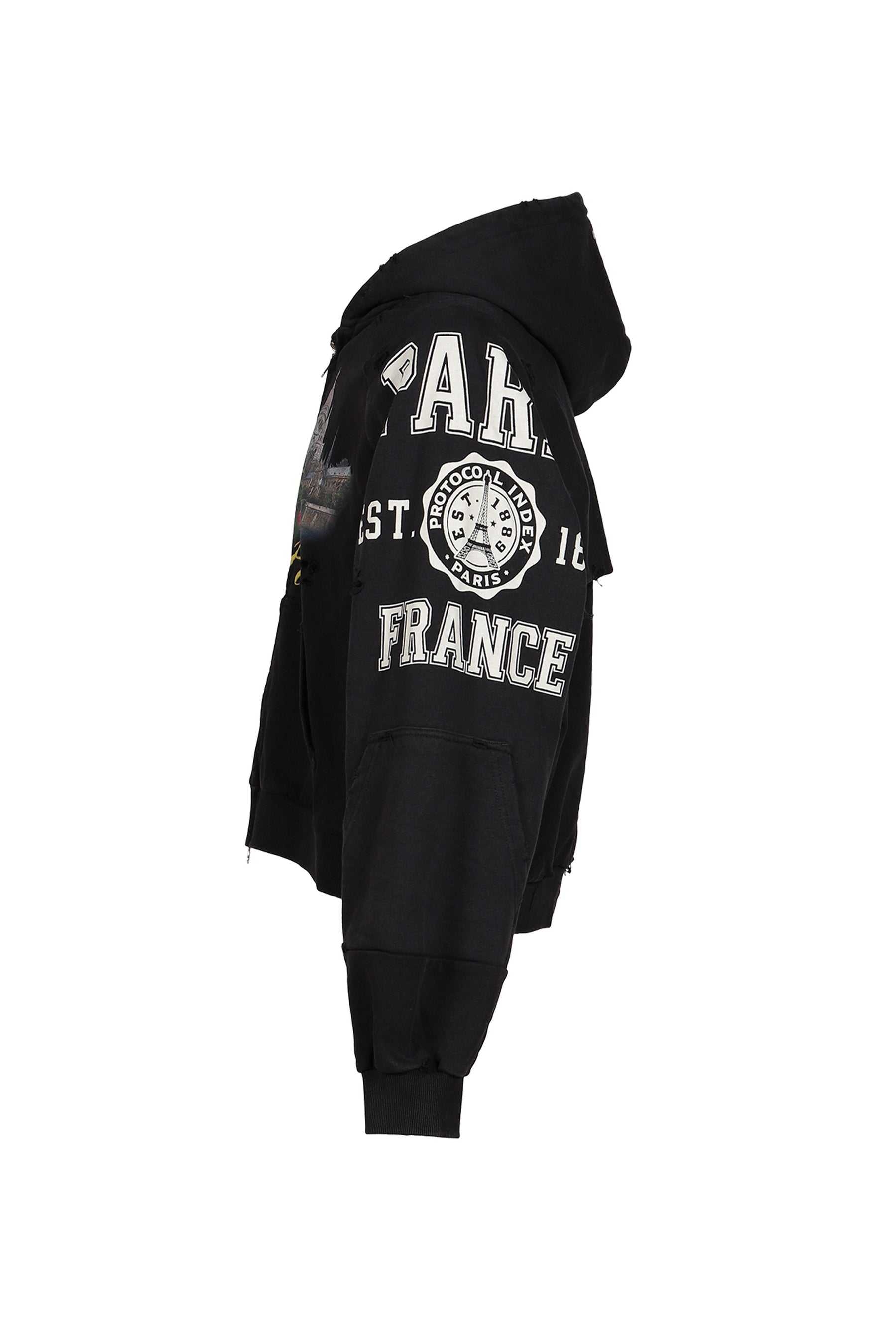 PARIS RECONSTRUCTED FOLDED ZIP HOODIE / BLK