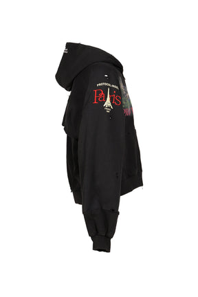 PARIS RECONSTRUCTED FOLDED ZIP HOODIE / BLK