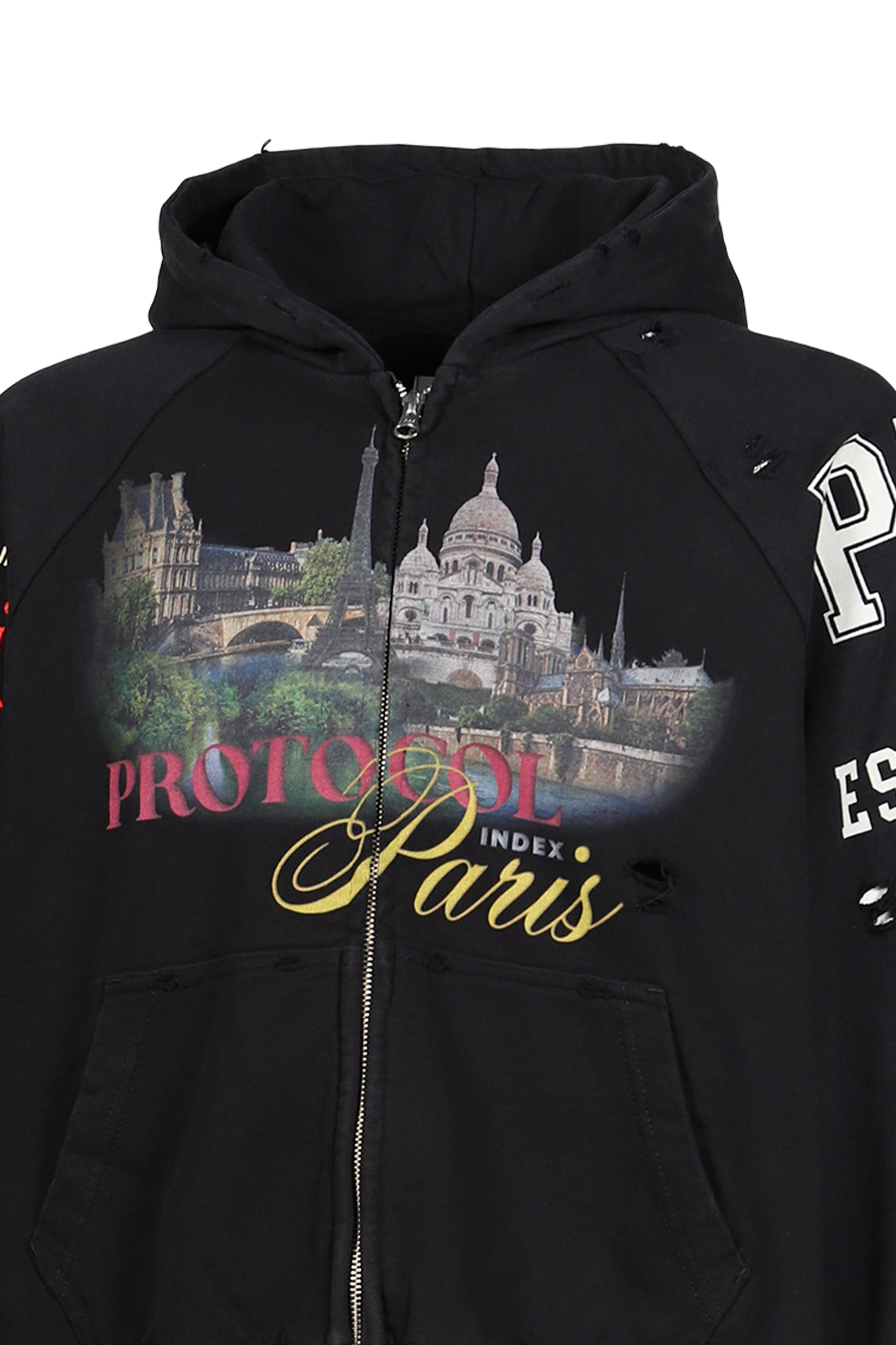 PARIS RECONSTRUCTED FOLDED ZIP HOODIE / BLK