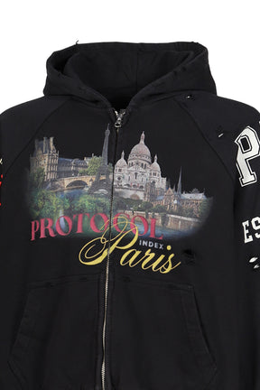PARIS RECONSTRUCTED FOLDED ZIP HOODIE / BLK