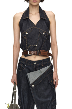 UPSIDE-DOWN INDIGO DENIM HALTER TOP / IND