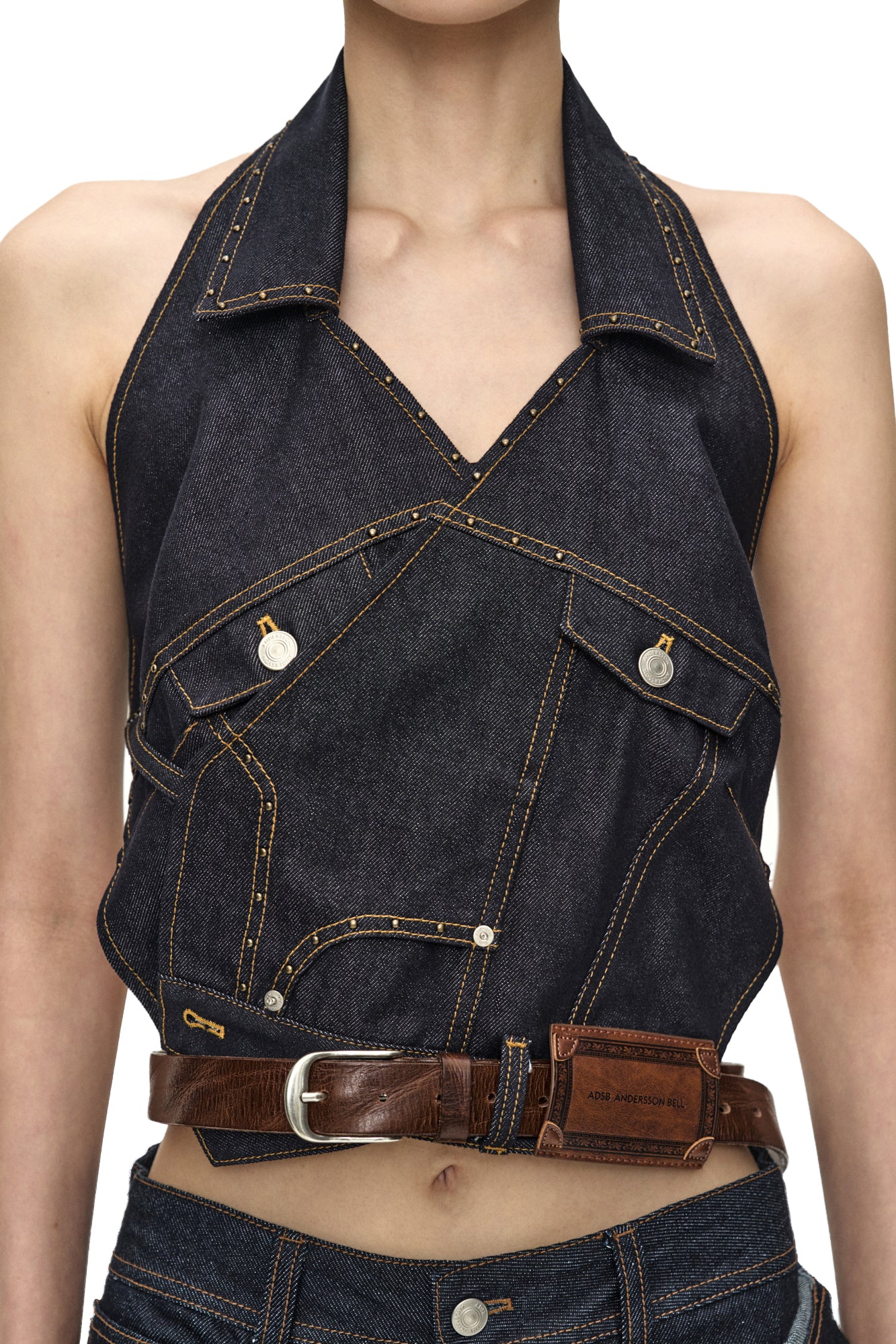 UPSIDE-DOWN INDIGO DENIM HALTER TOP / IND