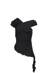 TUCK JERSEY RUFFLE TOP / BLK