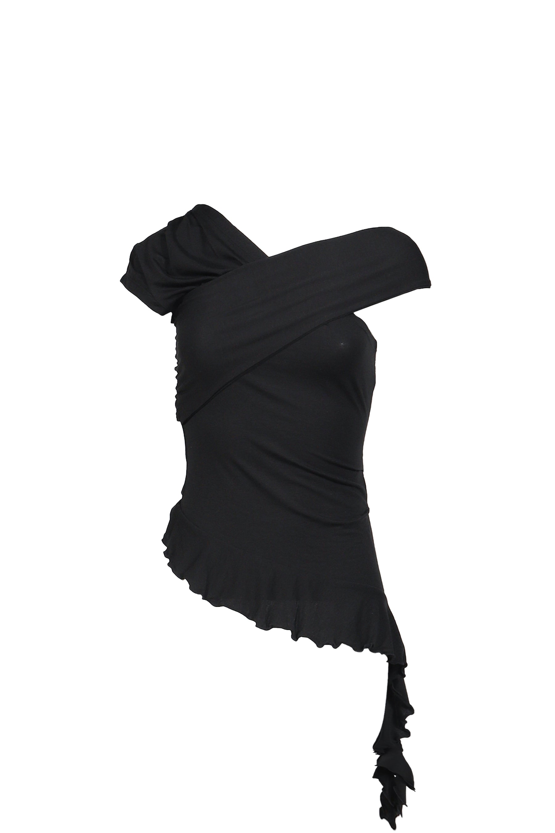 TUCK JERSEY RUFFLE TOP / BLK