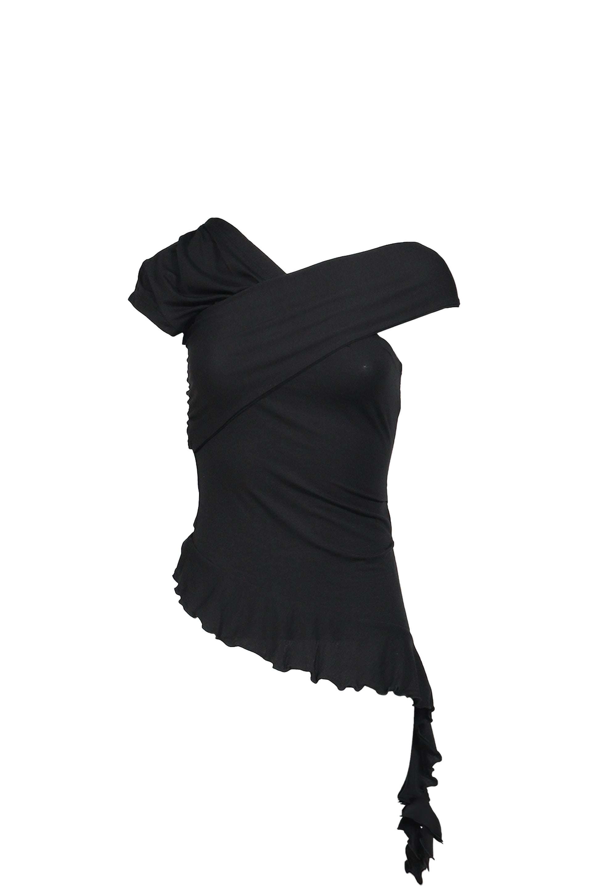 TUCK JERSEY RUFFLE TOP / BLK