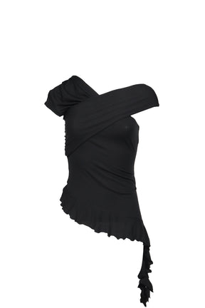 TUCK JERSEY RUFFLE TOP / BLK