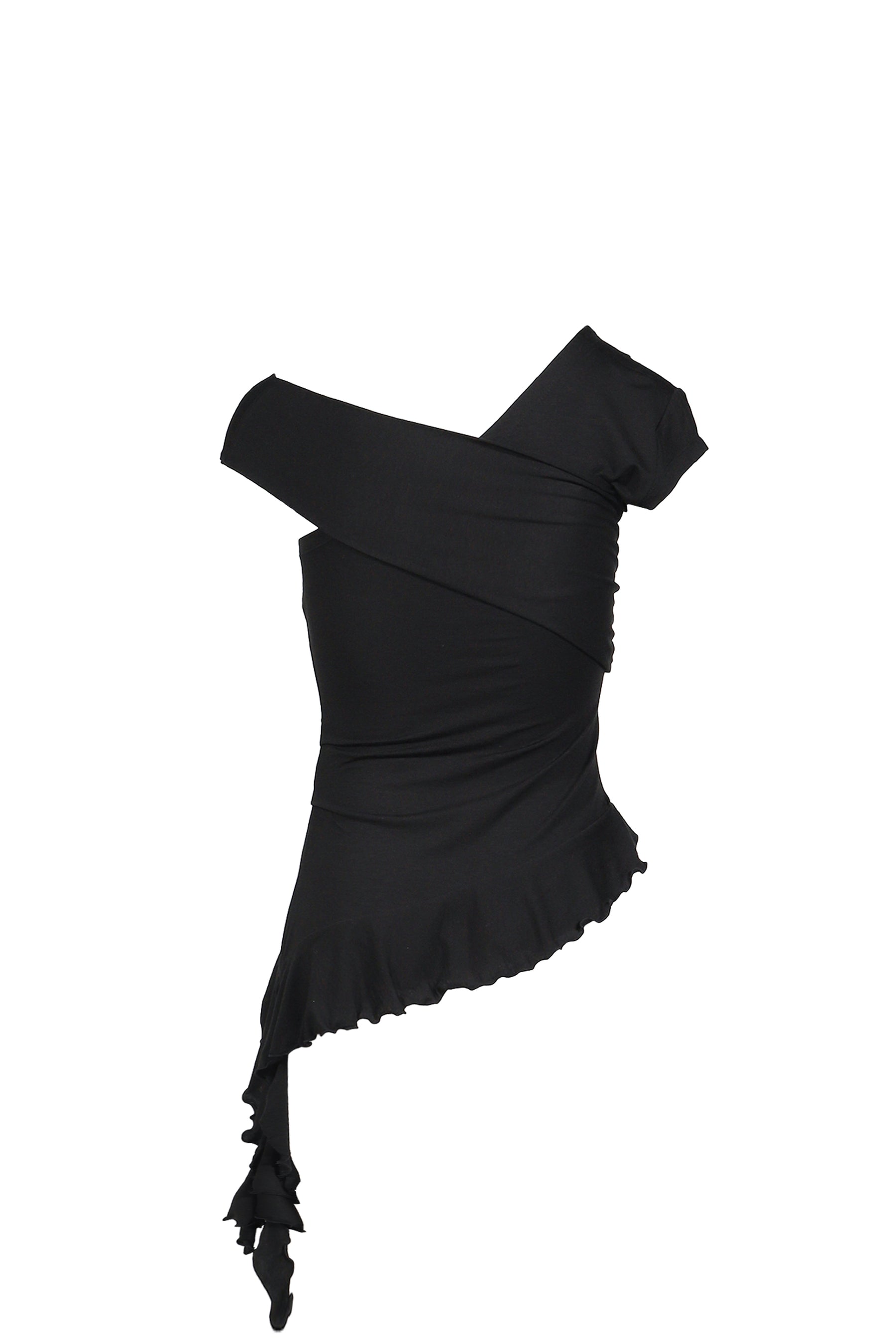 TUCK JERSEY RUFFLE TOP / BLK