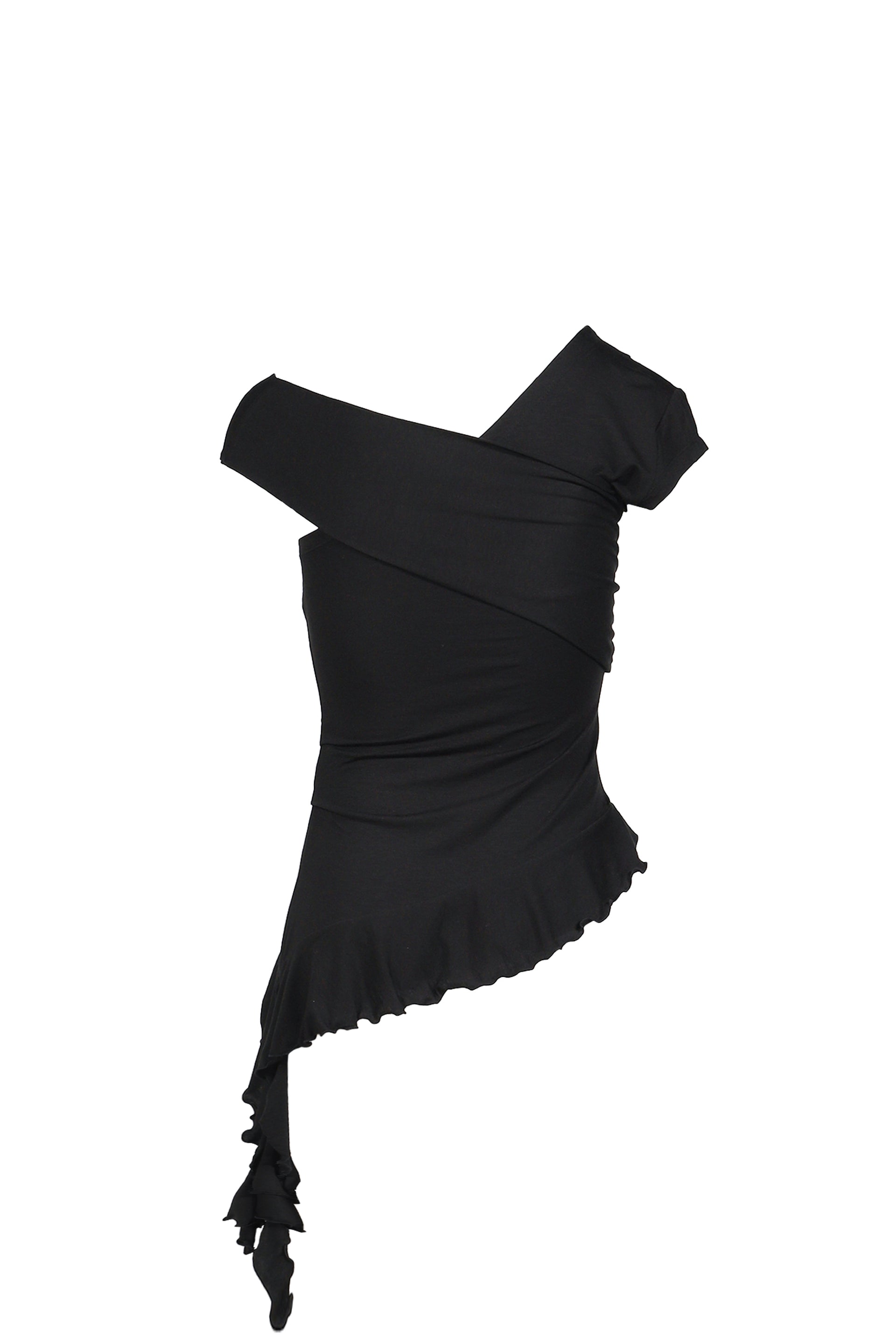 TUCK JERSEY RUFFLE TOP / BLK