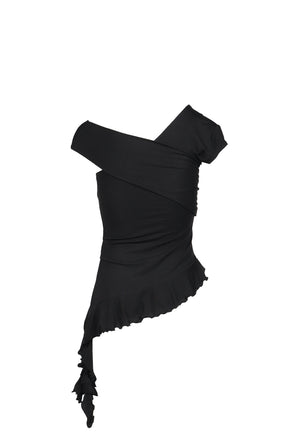 TUCK JERSEY RUFFLE TOP / BLK