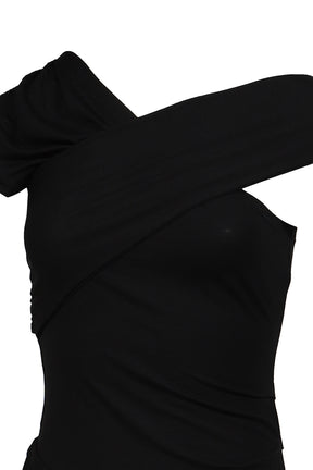 TUCK JERSEY RUFFLE TOP / BLK