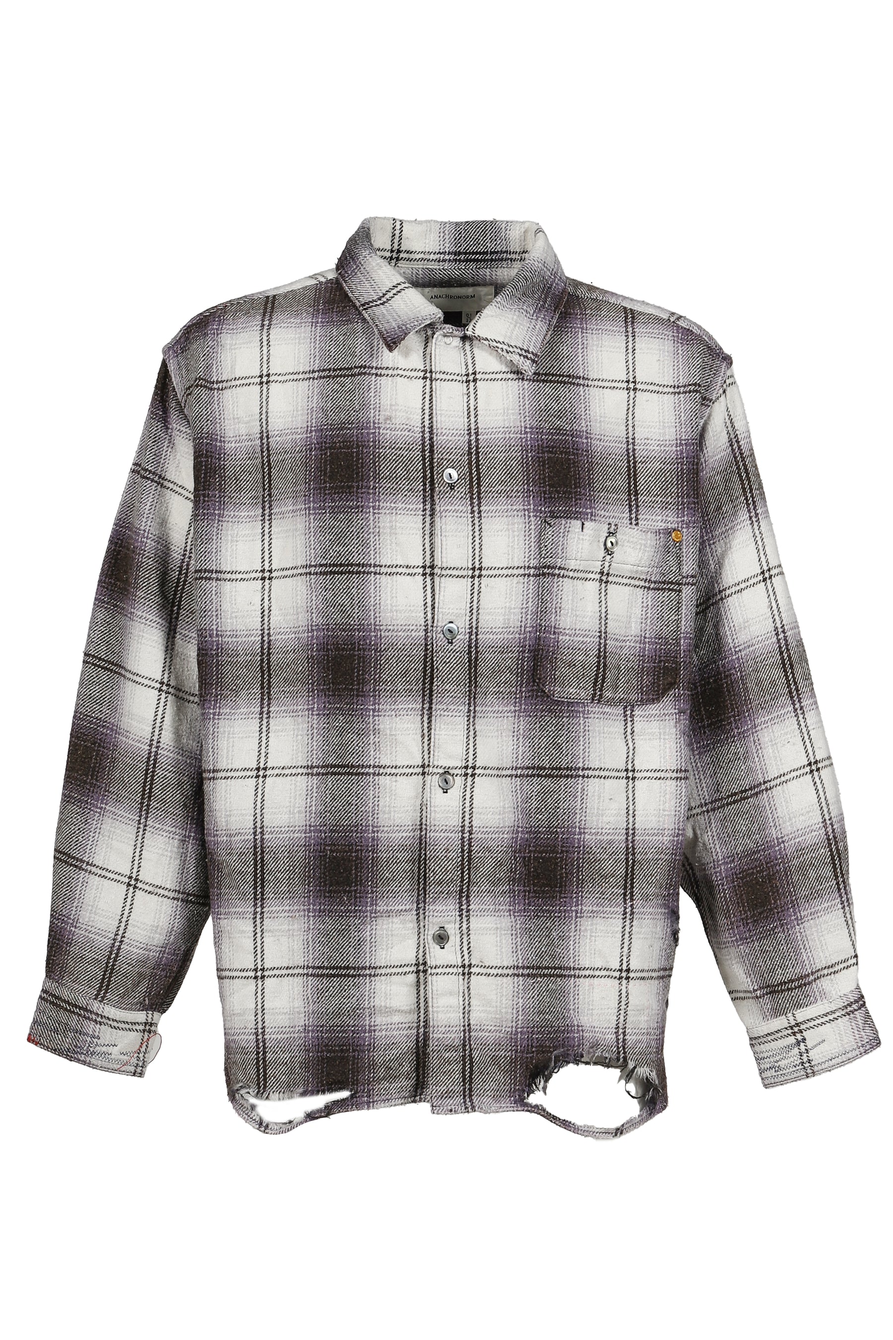 OMBRE CHECK DAMAGED WIDE FLANNEL SHIRTS / PUR×BLK