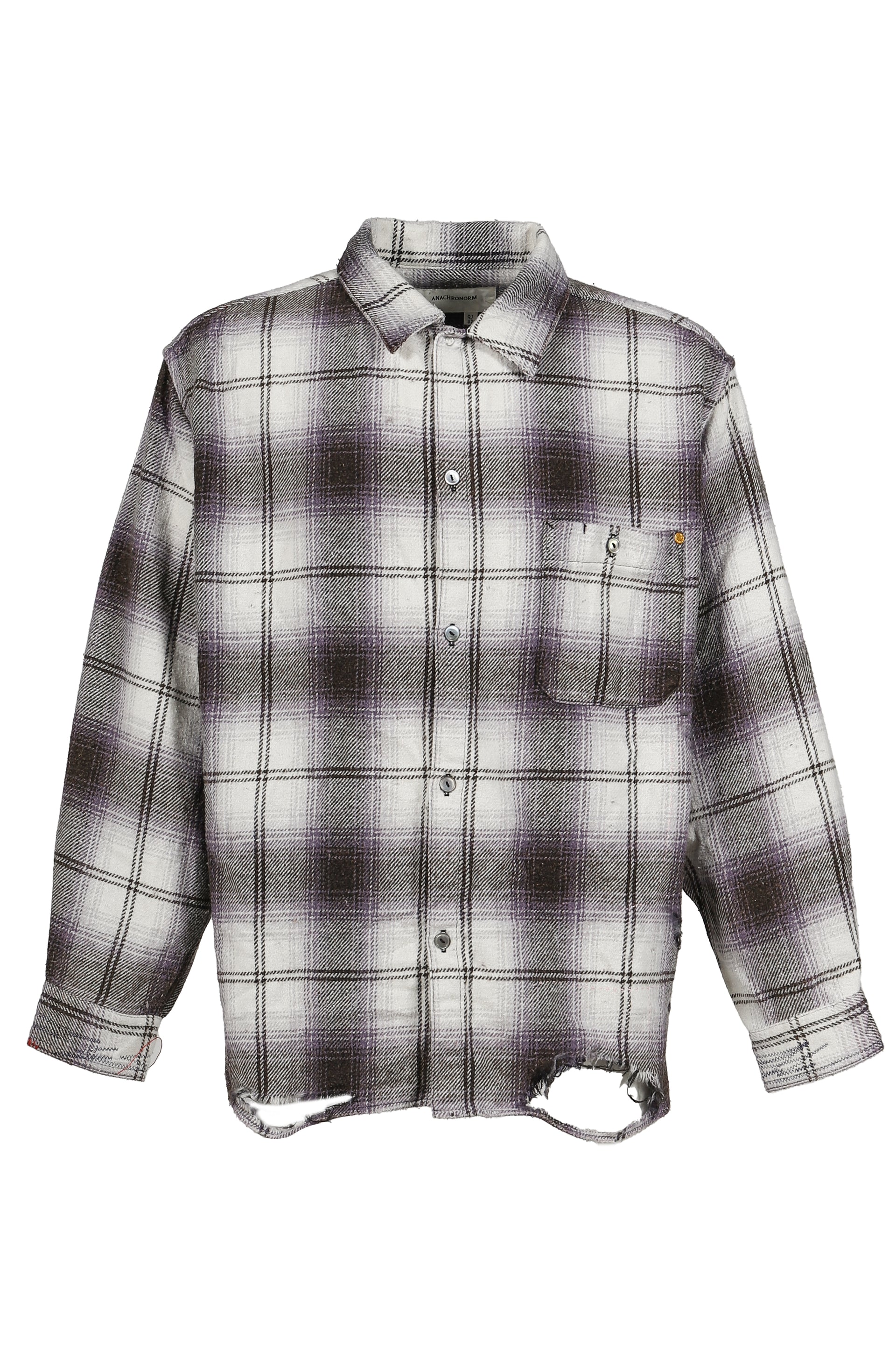 OMBRE CHECK DAMAGED WIDE FLANNEL SHIRTS / PUR×BLK
