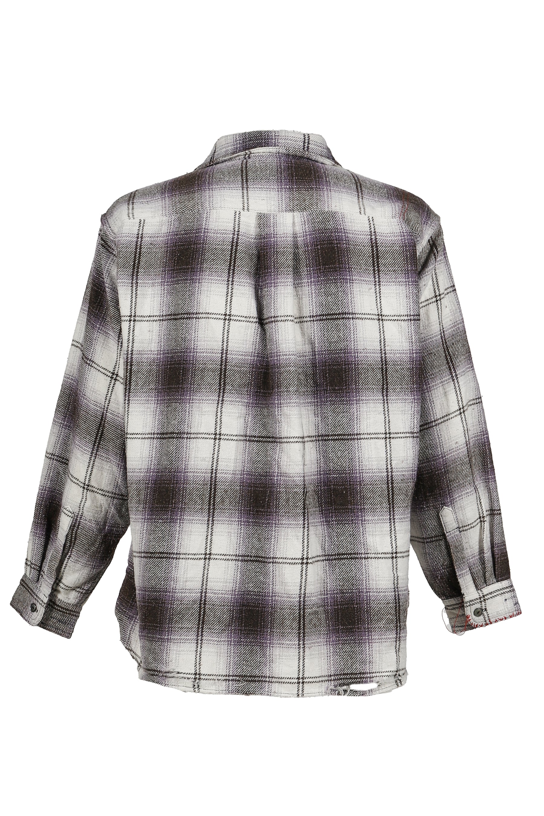 OMBRE CHECK DAMAGED WIDE FLANNEL SHIRTS / PUR×BLK