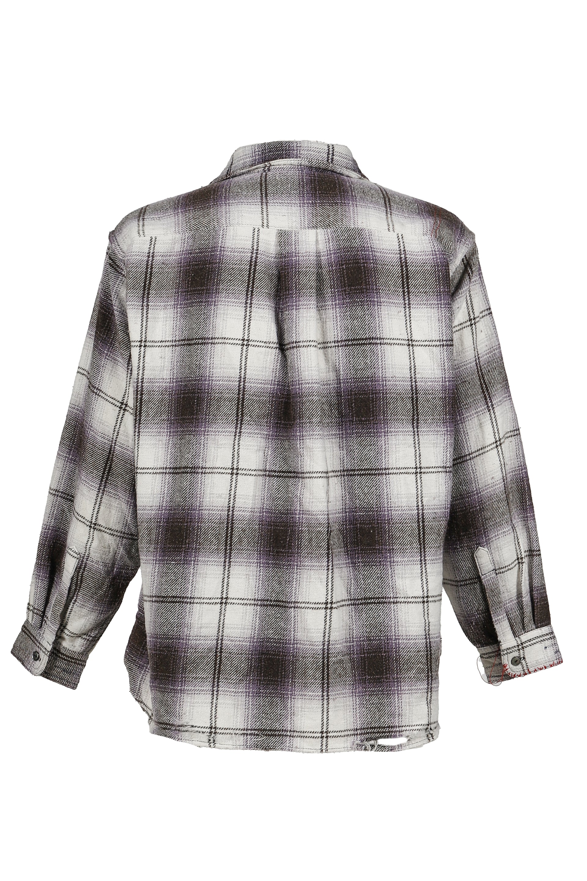OMBRE CHECK DAMAGED WIDE FLANNEL SHIRTS / PUR×BLK