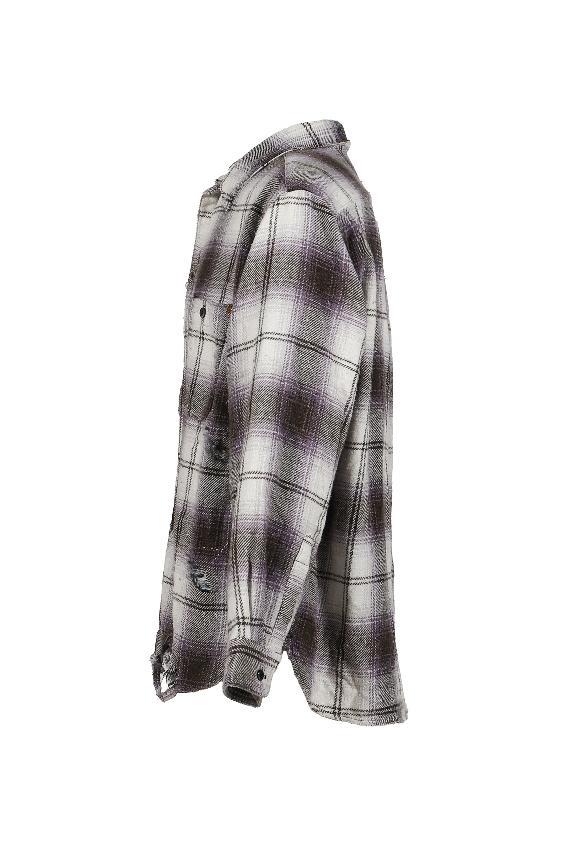 OMBRE CHECK DAMAGED WIDE FLANNEL SHIRTS / PUR×BLK