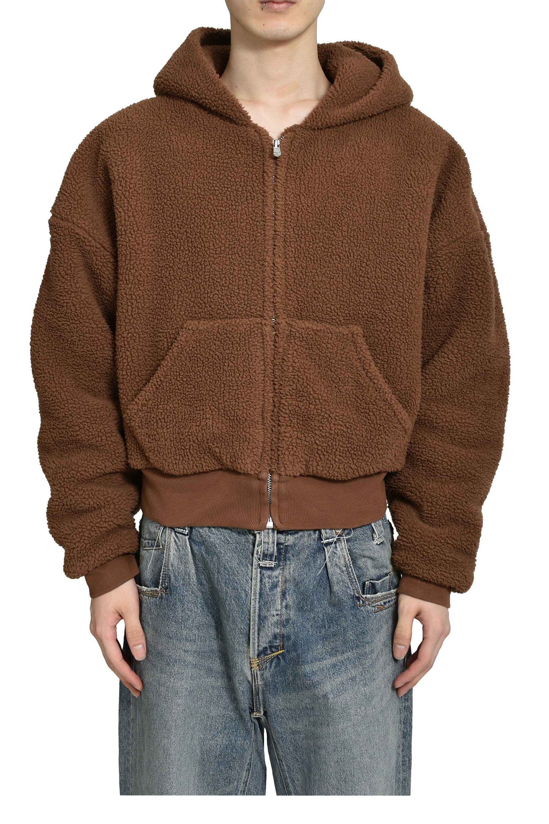 TERRY FLEECE ZIPPED HOODIE KNIT / BRW