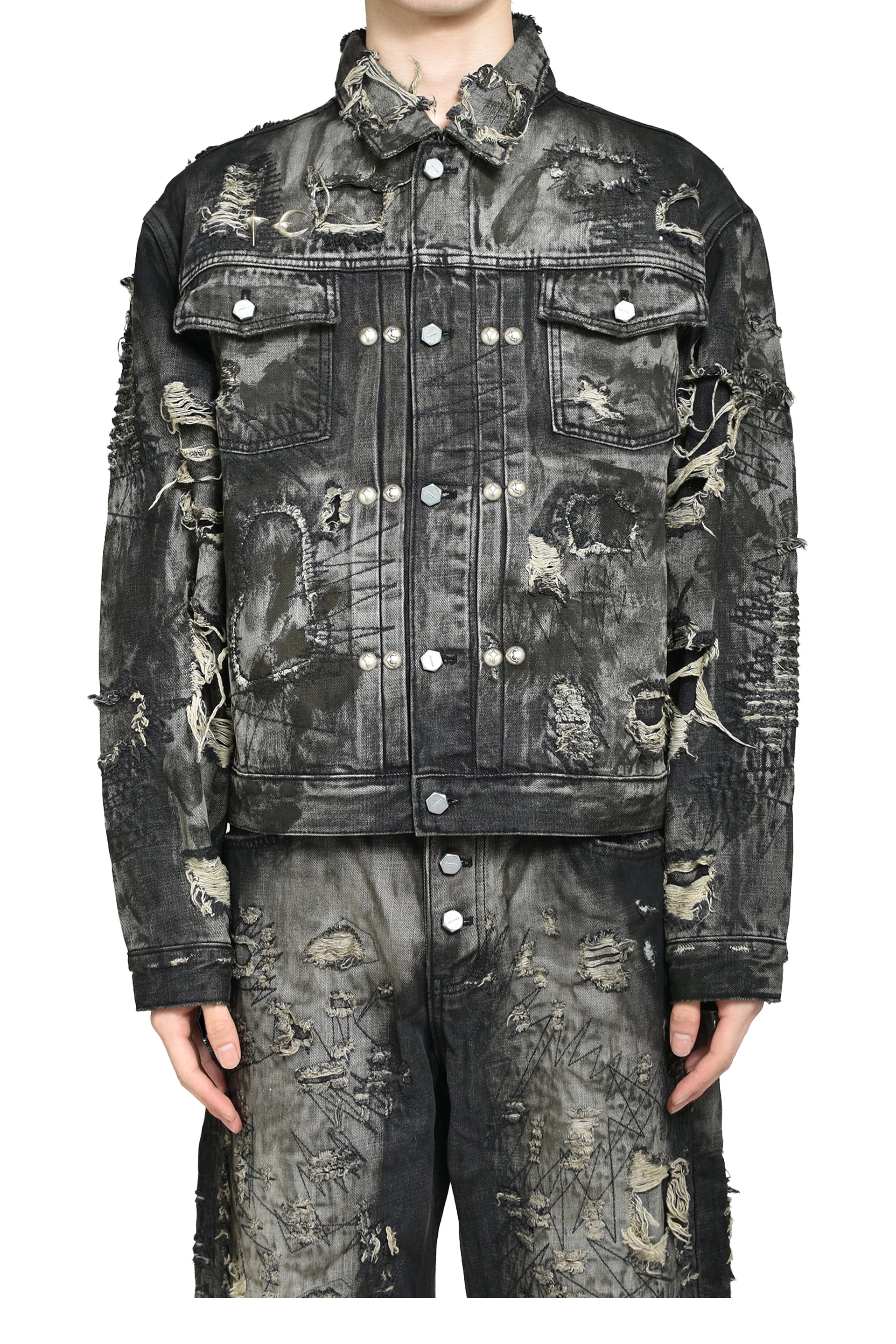 HARD-WASHED DAMAGED DENIM JACKET / BLK