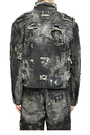 HARD-WASHED DAMAGED DENIM JACKET / BLK 
