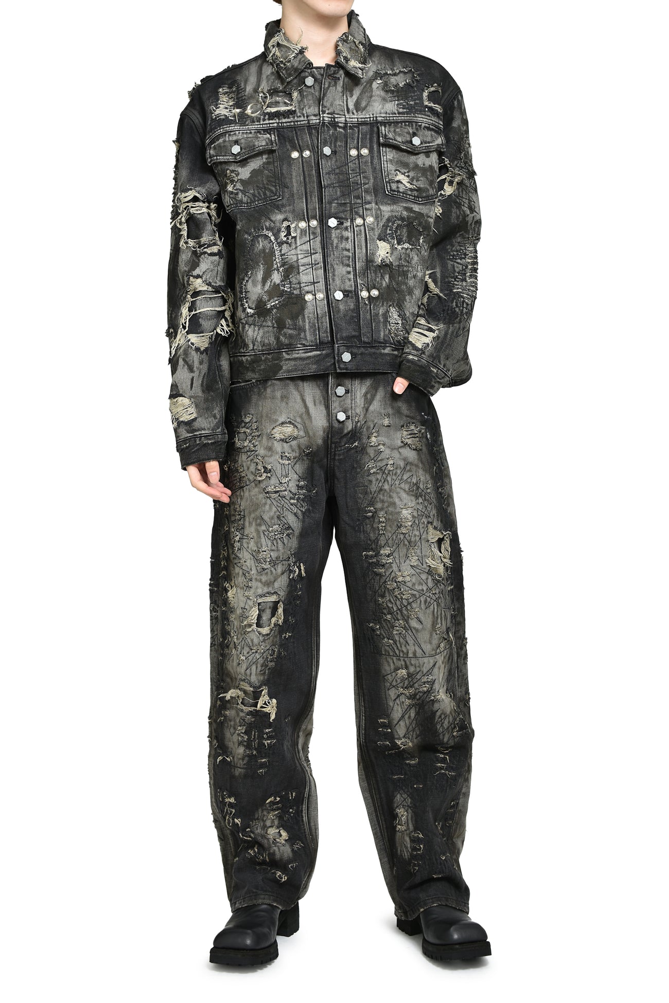 HARD-WASHED DAMAGED DENIM PANTS / BLK 